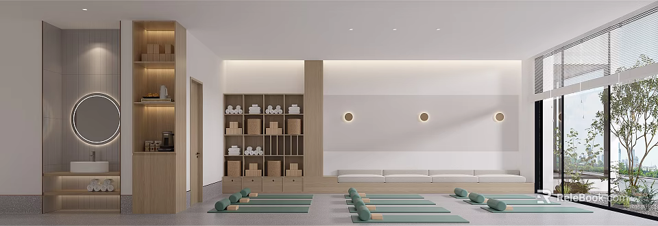 Minimalist Yoga Studio With Green Mats Blocks And Storage Units 3d model 