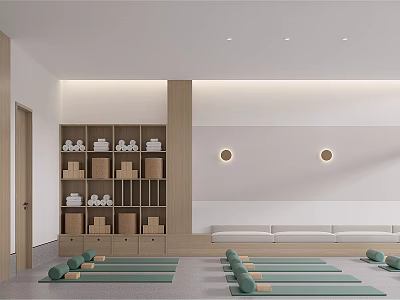 Minimalist Yoga Studio With Green Mats Blocks And Storage Units 3d model