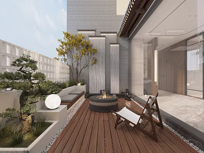 Modern Villa Balcony With Wooden Deck Fire Pit Lounge Chair Green Plants And Water Feature 3d model