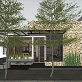 Modern Café Interior with Wooden Counter Black Bar Stools Green Plants Pendant Lights Patterned Floor