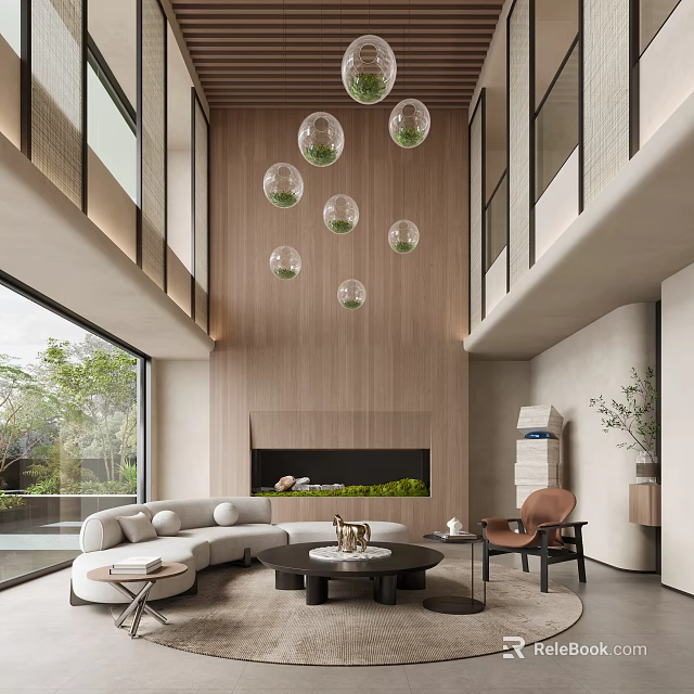 Modern Leisure Area With Hanging Spherical Green Plants Wooden Wall Large Windows And Green Landscape 3d model 