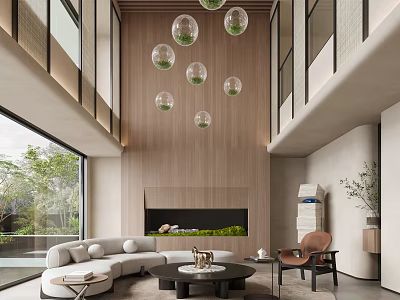 Modern Leisure Area With Hanging Spherical Green Plants Wooden Wall Large Windows And Green Landscape 3d model