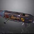 Rusty Metal Sci Fi Weapon With Blue Orange Details Radiation Symbol Control Panel Grip