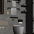 Modern Bathroom Accessories With Towel Racks Shelves Hooks And Toiletries On Gray Marble Walls