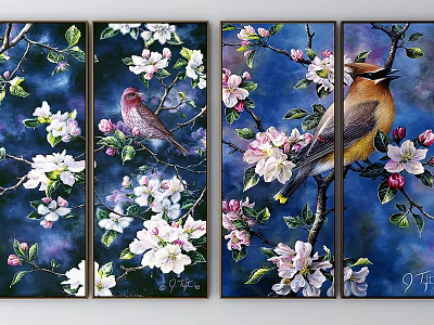 Vibrant Decorative Wall Art With Birds On Branches Flowers And Blue Background 3d model