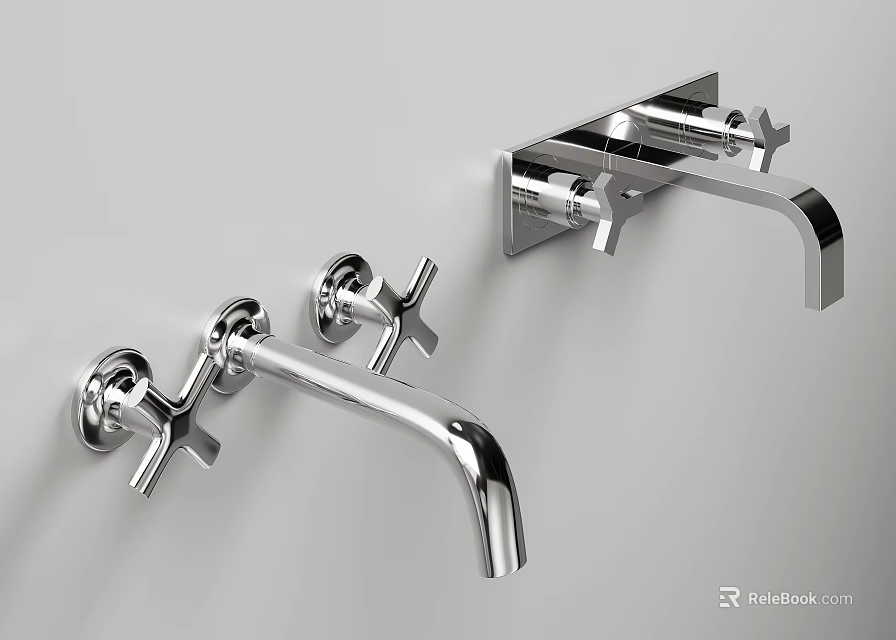 Two Modern Chrome Wall Mounted Water Faucets On Gray Background With Different Designs 3d model