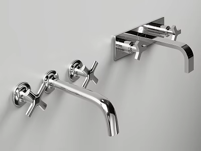 Two Modern Chrome Wall Mounted Water Faucets On Gray Background With Different Designs 3d model