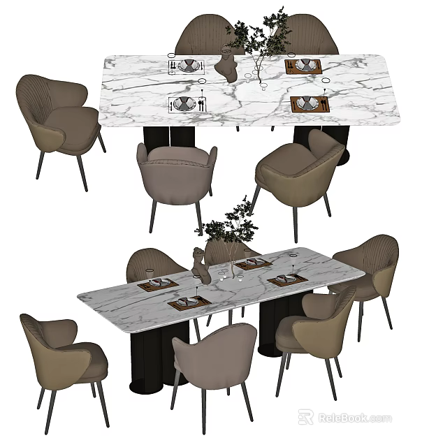 Modern Dining Table Set With Marble Top Tableware And Beige Chairs 3d model