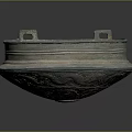 Ancient Bronze Sculpture Carving With Circular Shape Two Handles Greenish Patina And Decorative Engravings