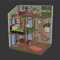 Colorful Cartoon Loft Room Scene With Two Tiered Bed Staircase Plants And Wall Clock