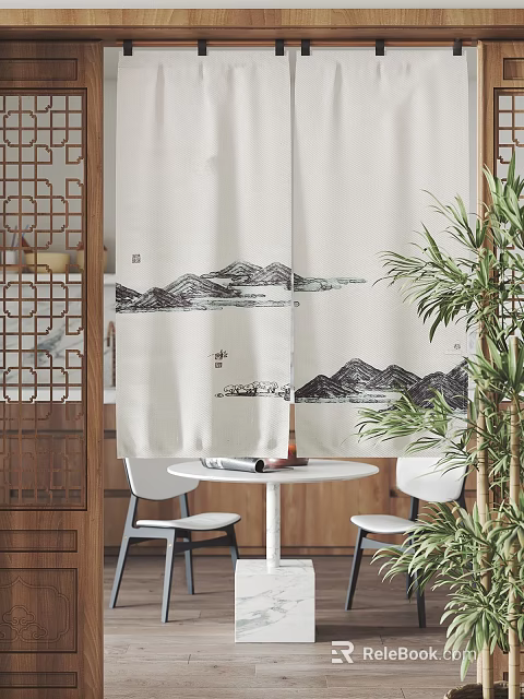 Chinese Landscape Painting Pattern Curtains In Interior With Wooden Screen White Table And Green Plants 3d model 