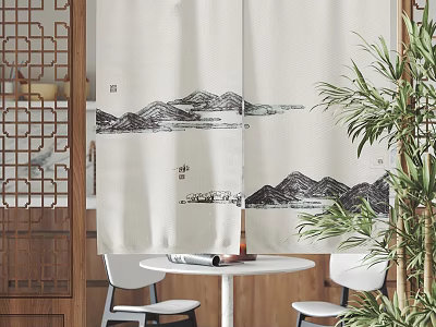 Chinese Landscape Painting Pattern Curtains In Interior With Wooden Screen White Table And Green Plants 3d model