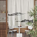 Chinese Landscape Painting Pattern Curtains In Interior With Wooden Screen White Table And Green Plants