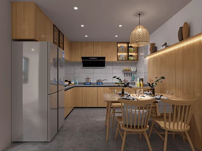 Modern Kitchen Interior With Wooden Cabinets Silver Refrigerator Dining Table Chairs And Pendant Light 3d model