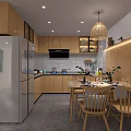 Modern Kitchen Interior With Wooden Cabinets Silver Refrigerator Dining Table Chairs And Pendant Light