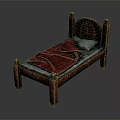 Classic Wooden Double Bed With Carved Posts Red Blanket And Gray Pillow