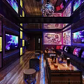 Modern KTV Room Interior With Brick Walls Murals Black Sofas Wooden Floors Union Jack Pillows