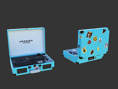 Crosley Blue Portable Turntable Audio System With Vinyl Record And Decorative Stickers 3d model