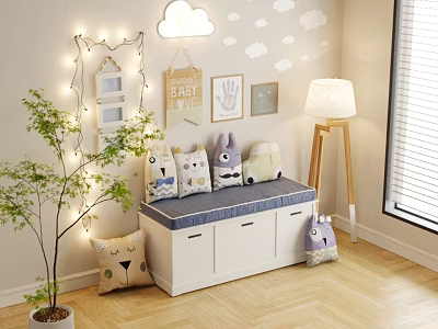White Shoe Cabinet With Drawers Bench Blue Cushion Cloud Wall Decor String Lights Stuffed Toys 3d model