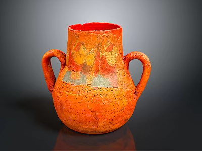 Orange Clay Vase Sculpture With Two Handles And Textured Surface Design 3d model