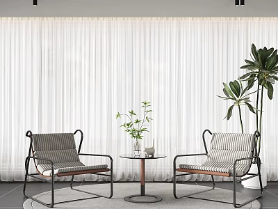 Stylish Leisure Chairs with White Curtains Small Coffee Table and Large Green Plant in Room 3d model