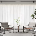 Stylish Leisure Chairs with White Curtains Small Coffee Table and Large Green Plant in Room