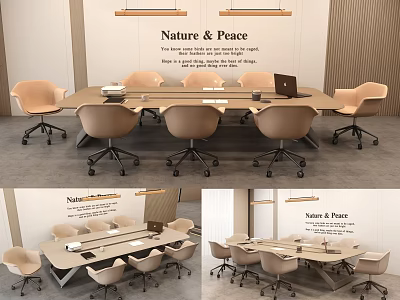 Modern Office Meeting Space Conference Table With Beige Chairs Laptop And Nature Peace Theme 3d model