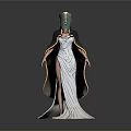 Elegant Woman In White Long Dress With Green Headpiece And Dark Cloak