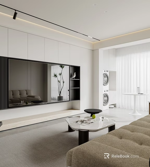 Modern Open Living and Dining Room Interior With TV Wall Sofa Coffee Table And Curtains 3d model 