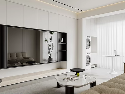 Modern Open Living and Dining Room Interior With TV Wall Sofa Coffee Table And Curtains 3d model
