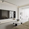 Modern Open Living and Dining Room Interior With TV Wall Sofa Coffee Table And Curtains