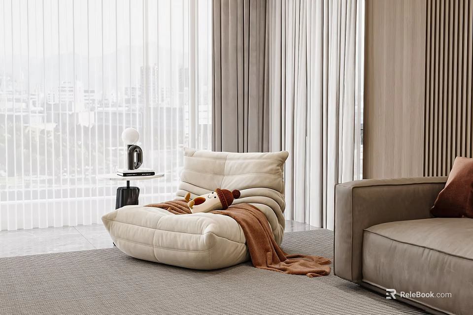 Cozy Ivory Bean Bag Chair With Brown Blanket Side Table And Modern Window City View 3d model 
