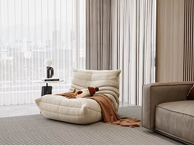 Cozy Ivory Bean Bag Chair With Brown Blanket Side Table And Modern Window City View 3d model
