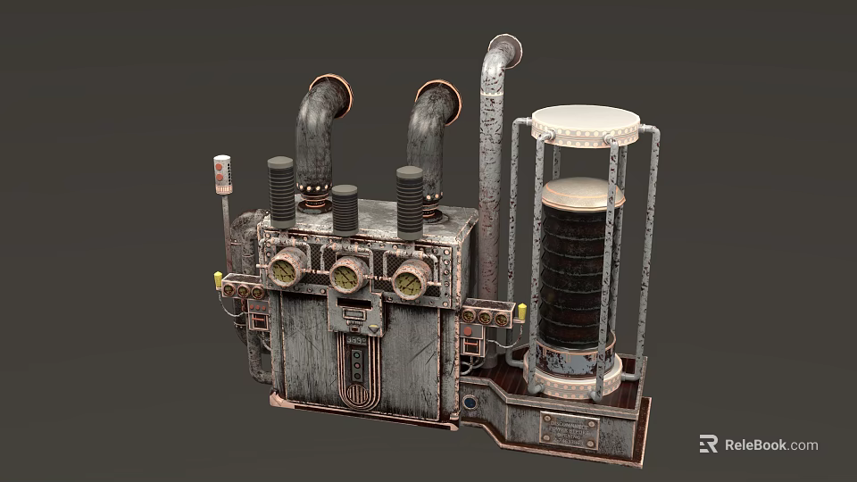 Vintage Industrial Mechanical Device With Metal Pipes Gauges And Cylindrical Container 3d model 