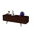 Dark Wooden TV Stand With Drawers And Decorative Ornaments On Marble Floor And Light Wall