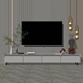 Modern TV Stand With Flat Screen TV Decorative Items And Green Plant