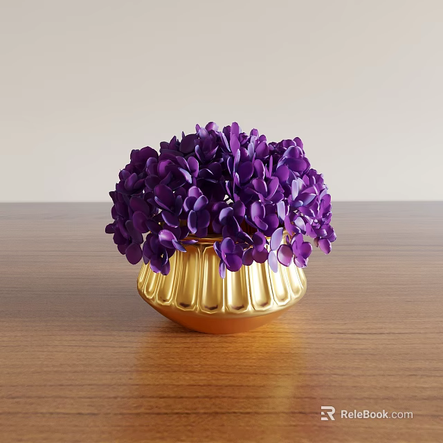 Elegant Decorative Ornament Set With Purple Hydrangea Flowers In Golden Vase On Wooden Tabletop 3d model 