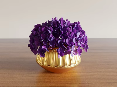 Elegant Decorative Ornament Set With Purple Hydrangea Flowers In Golden Vase On Wooden Tabletop 3d model
