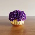 Elegant Decorative Ornament Set With Purple Hydrangea Flowers In Golden Vase On Wooden Tabletop