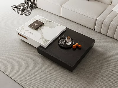 Sleek Modern Coffee Table With White Marble Top Black Frame And Items Phone Cup Oranges 3d model