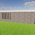 Gray Brick Feature Wall With Vertical Cutouts And Green Grass Under Blue Sky 3d model