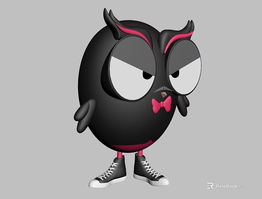 Stylish Black Owl Doll With Pink Eyebrows Bow Tie And Sneakers 3d model 