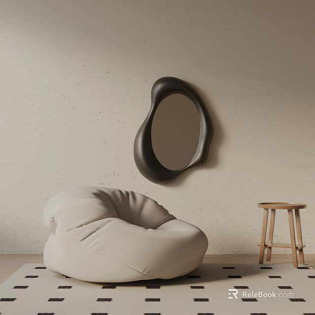 Cream Bean Bag Lounge Chair With Wooden Stool And Irregular Black Mirror On Light Wall 3d model 