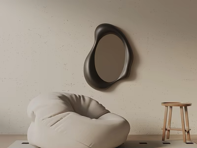 Cream Bean Bag Lounge Chair With Wooden Stool And Irregular Black Mirror On Light Wall 3d model