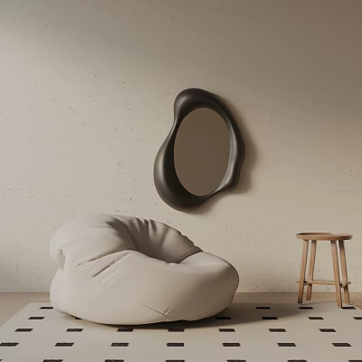 Cream Bean Bag Lounge Chair With Wooden Stool And Irregular Black Mirror On Light Wall 3d model