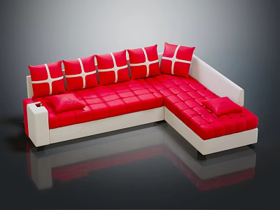 Modern Stylish L shaped Sectional Sofa With Red White Cross Pattern Cushions 3d model