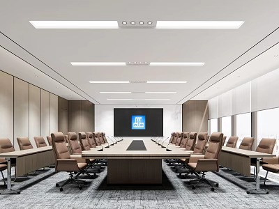 Modern Conference Room Interior With Long Table Brown Chairs Large Screen Lighting Strips And Blinds 3d model