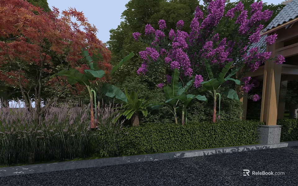 Purple Flowering and Red Leaf Trees in Garden Landscape With Green Shrubs and Banana Plants 3d model 