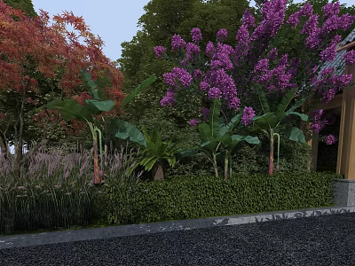 Purple Flowering and Red Leaf Trees in Garden Landscape With Green Shrubs and Banana Plants 3d model