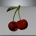 Fresh Red Cherries with Green Stems and Leaf on Dark Surface 3d model